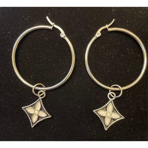 Silver Hoop Earrings with Black and White Flower Charms